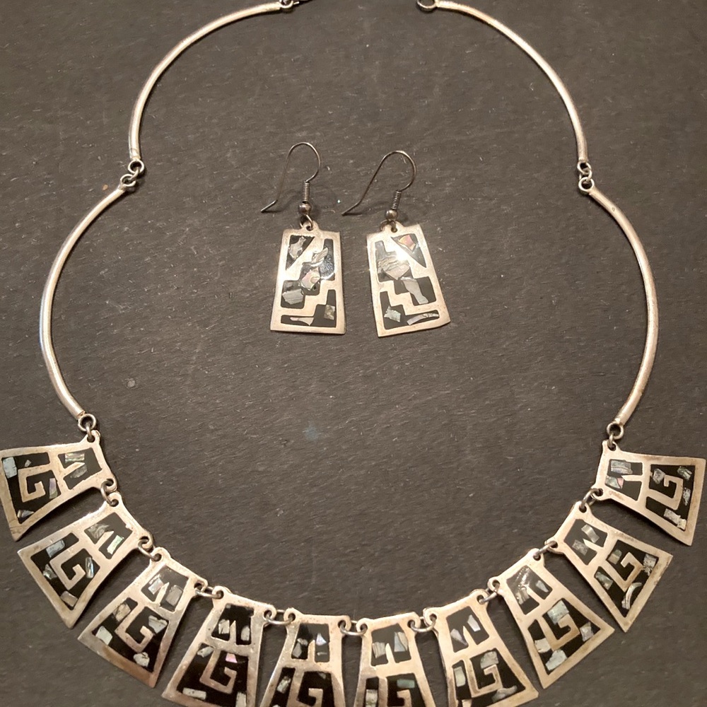 Mexico Alpaca Greek Key Design Black Enamel Necklace Vintage-earring Set